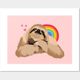 A Cute Sloth With The Rainbow and Pink Hearts Posters and Art